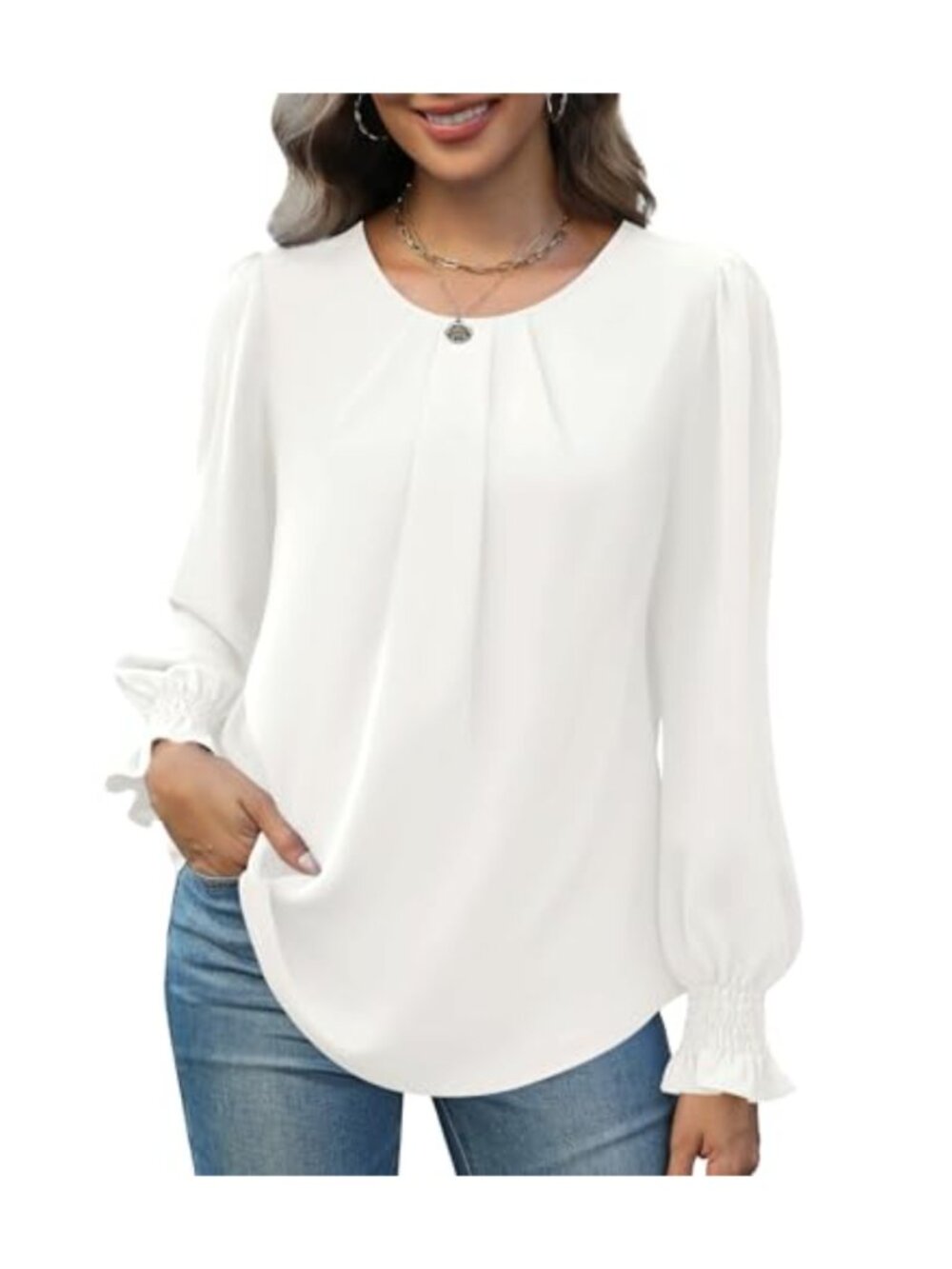 Womens Tunic Top Chiffon Long Sleeve Blouse Pleated Crew Neck Smocked